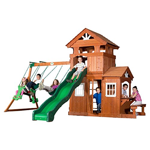 Backyard Discovery Shenandoah All Cedar Wooden Playset Swing Set with 2 Belt Swings, 2 Person Glider, 10 ft Wave Slide, Covered Upper and Lower Playhouse, Play Kitchen, Rock Wall, Outdoor Bench