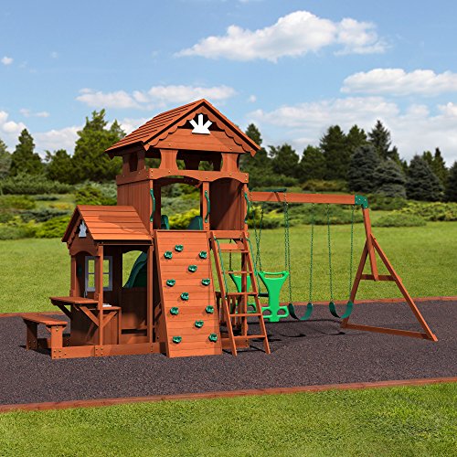 Backyard Discovery Shenandoah All Cedar Wooden Playset Swing Set with 2 Belt Swings, 2 Person Glider, 10 ft Wave Slide, Covered Upper and Lower Playhouse, Play Kitchen, Rock Wall, Outdoor Bench