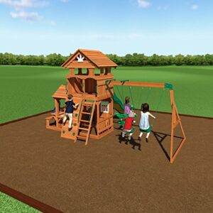 Backyard Discovery Shenandoah All Cedar Wooden Playset Swing Set with 2 Belt Swings, 2 Person Glider, 10 ft Wave Slide, Covered Upper and Lower Playhouse, Play Kitchen, Rock Wall, Outdoor Bench