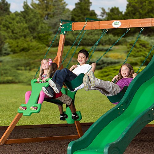 Backyard Discovery Shenandoah All Cedar Wooden Playset Swing Set with 2 Belt Swings, 2 Person Glider, 10 ft Wave Slide, Covered Upper and Lower Playhouse, Play Kitchen, Rock Wall, Outdoor Bench