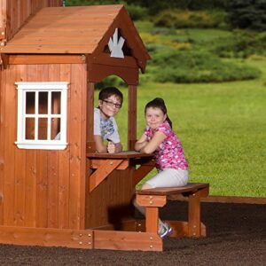 Backyard Discovery Shenandoah All Cedar Wooden Playset Swing Set with 2 Belt Swings, 2 Person Glider, 10 ft Wave Slide, Covered Upper and Lower Playhouse, Play Kitchen, Rock Wall, Outdoor Bench