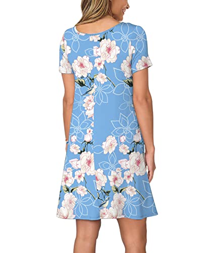 KORSIS Women's Summer Floral Dresses T Shirt Dress Flower Light Blue S