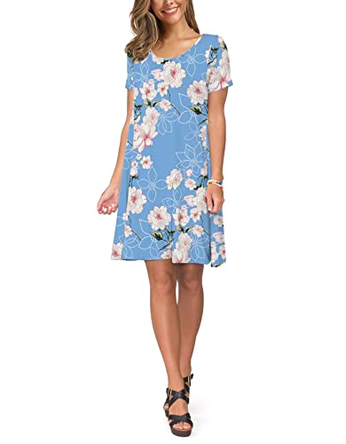 KORSIS Women's Summer Floral Dresses T Shirt Dress Flower Light Blue S