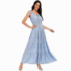 OSTOO Women's 2023 Summer Sleeveless Boho Floral Print Tiered Casual Flowy Long Maxi Dress (Blue, L)