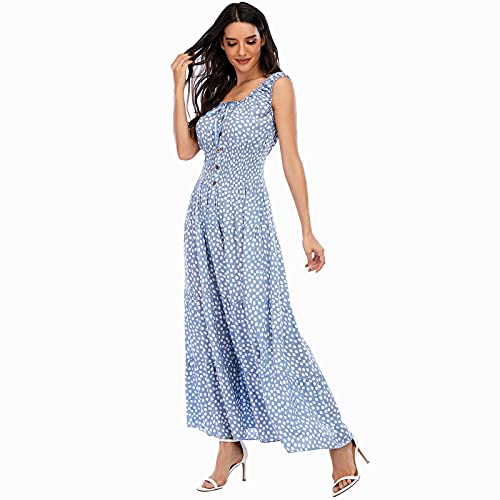 OSTOO Women's 2023 Summer Sleeveless Boho Floral Print Tiered Casual Flowy Long Maxi Dress (Blue, L)