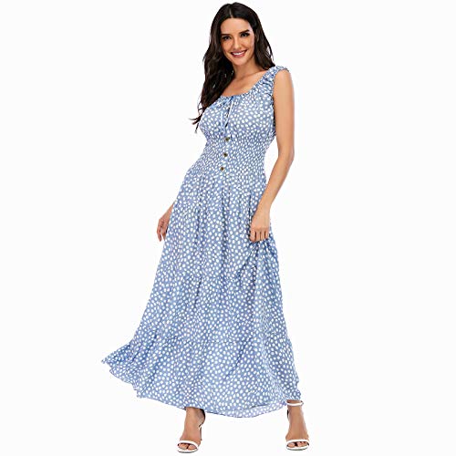 OSTOO Women's 2023 Summer Sleeveless Boho Floral Print Tiered Casual Flowy Long Maxi Dress (Blue, L)