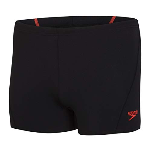 Speedo Men's Endurance+ Polyester Solid Square Leg Swimsuit for Men (Black/Lava Red, 38)