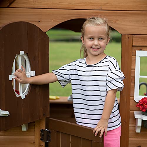 Backyard Discovery Aspen All Cedar Wooden Playhouse, Country Style, Dutch Front Door, Flower Pot Holders, Stove, Sink, Plastic Food, Doorbell, Mailbox, Outdoor Light Attached Picnic Bench