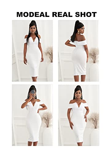 AlvaQ Women Off The Shoulder Evening Bodycon Club Midi Dress XX-Large White