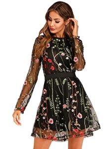 milumia women’s floral embroidery mesh round neck tunic party dress black small