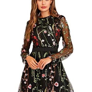 Milumia Women's Floral Embroidery Mesh Round Neck Tunic Party Dress Black Small