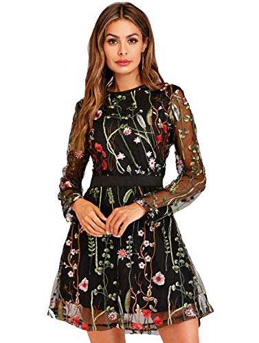 Milumia Women's Floral Embroidery Mesh Round Neck Tunic Party Dress Black Small