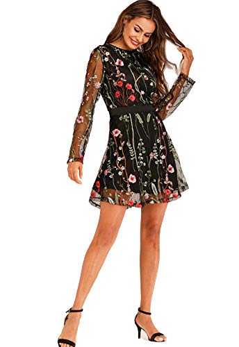 Milumia Women's Floral Embroidery Mesh Round Neck Tunic Party Dress Black Small