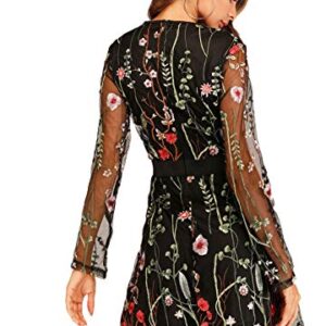 Milumia Women's Floral Embroidery Mesh Round Neck Tunic Party Dress Black Small