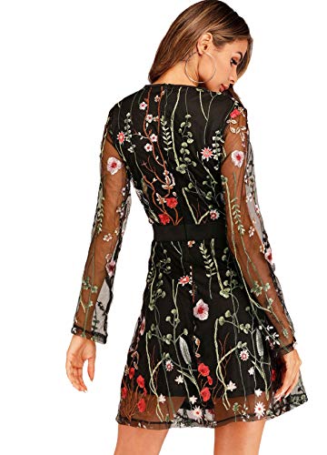 Milumia Women's Floral Embroidery Mesh Round Neck Tunic Party Dress Black Small