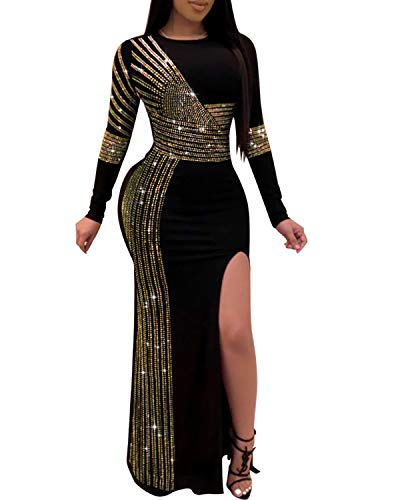 PORRCEY Hot Drilling Craft Sexy Long Sleeve Dress Sexy Dress Party Club Evening Dress (8882,Gold,XL)