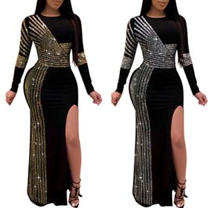 PORRCEY Hot Drilling Craft Sexy Long Sleeve Dress Sexy Dress Party Club Evening Dress (8882,Gold,XL)