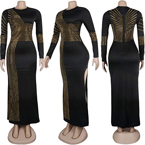 PORRCEY Hot Drilling Craft Sexy Long Sleeve Dress Sexy Dress Party Club Evening Dress (8882,Gold,XL)