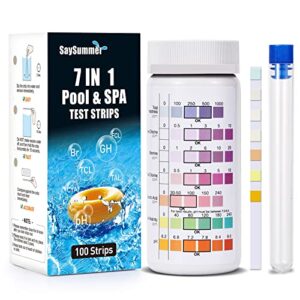 pool test strips 7 in 1, 100 ct spa test strips for hot tub water, pool test strips for inground pool, testing hardness, free chlorine, bromine, total chlorine, cyanuric acid, total alkalinity, ph