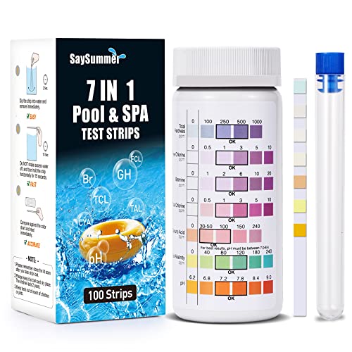 Pool Test Strips 7 in 1, 100 ct Spa Test Strips for Hot Tub Water, Pool Test Strips for Inground Pool, Testing Hardness, Free Chlorine, Bromine, Total Chlorine, Cyanuric Acid, Total Alkalinity, pH