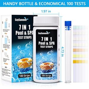 Pool Test Strips 7 in 1, 100 ct Spa Test Strips for Hot Tub Water, Pool Test Strips for Inground Pool, Testing Hardness, Free Chlorine, Bromine, Total Chlorine, Cyanuric Acid, Total Alkalinity, pH