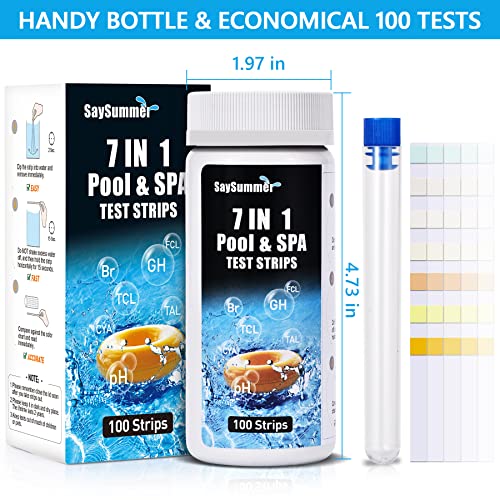 Pool Test Strips 7 in 1, 100 ct Spa Test Strips for Hot Tub Water, Pool Test Strips for Inground Pool, Testing Hardness, Free Chlorine, Bromine, Total Chlorine, Cyanuric Acid, Total Alkalinity, pH