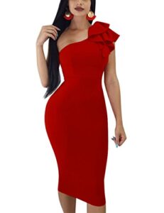 mokoru women’s sexy ruffle one shoulder bodycon elegant cocktail party midi dresses, small, red