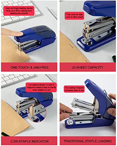 PAPERPAL Effortless Standard Stapler Set, 20 Sheet Capacity, Half Strip, Built-in Staples Storage, Holds 1/4" Staples, Includes 1000 Staples and A Staple Remover, Office, School & Daily Use, Dark Blue