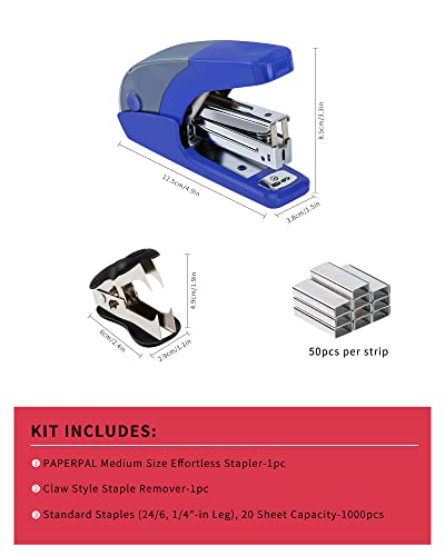 PAPERPAL Effortless Standard Stapler Set, 20 Sheet Capacity, Half Strip, Built-in Staples Storage, Holds 1/4" Staples, Includes 1000 Staples and A Staple Remover, Office, School & Daily Use, Dark Blue