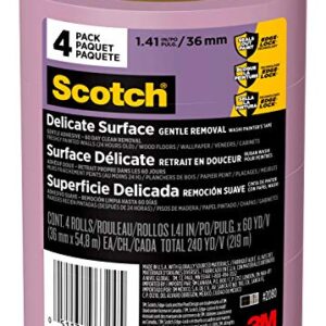 Scotch Delicate Surface Painter's Tape, Purple, Masking Tape Protects Delicate Surfaces and Removes Easily, Multi-Surface Painting Tape for Indoor Use, 1.41 Inches x 60 Yards, 4 Rolls