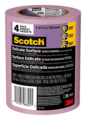 Scotch Delicate Surface Painter's Tape, Purple, Masking Tape Protects Delicate Surfaces and Removes Easily, Multi-Surface Painting Tape for Indoor Use, 1.41 Inches x 60 Yards, 4 Rolls