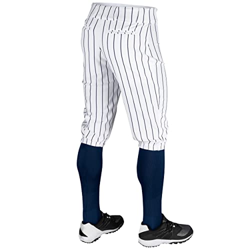 CHAMPRO Triple Crown Knicker Style Baseball Pants with Knit-in Pinstripes and Reinforced Sliding Areas, White,navy, X-Large