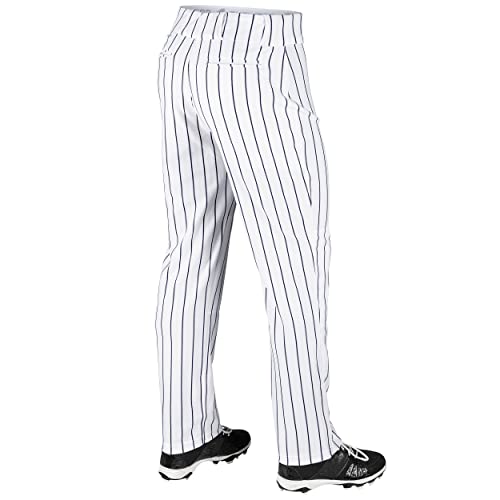 CHAMPRO Youth Triple Crown OB Open-Bottom Loose-Fit Baseball Pant with Knit-in Pinstripes, Adjustable Inseam, and Reinforced Sliding Areas , White,navy, X-Large