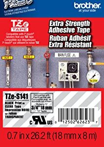 Brother 3/4" (18mm) Black Print on Clear Extra Strength Adhesive P-touch Tape for Brother PT-1890, PT1890 Label Maker