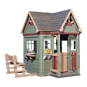 backyard discovery victorian inn all cedar outdoor wooden playhouse, perfect for small yards, english garden bench, awning front porch, front door, flower pots, designed for ages 2 to 10 yrs old