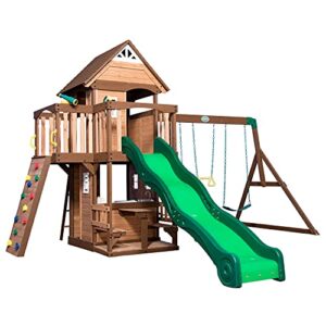 backyard discovery mount triumph all cedar swing set, covered upper clubhouse, telescope, steering wheel, lower playhouse, sink, stove, plastic food, picnic area, swings, slide, rock climbing wall