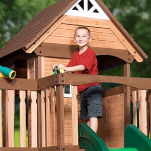 Backyard Discovery Mount Triumph All Cedar Swing Set, Covered Upper Clubhouse, Telescope, Steering Wheel, Lower Playhouse, Sink, Stove, Plastic Food, Picnic Area, Swings, Slide, Rock Climbing Wall