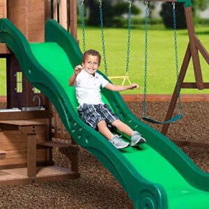 Backyard Discovery Mount Triumph All Cedar Swing Set, Covered Upper Clubhouse, Telescope, Steering Wheel, Lower Playhouse, Sink, Stove, Plastic Food, Picnic Area, Swings, Slide, Rock Climbing Wall