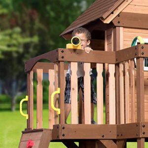 Backyard Discovery Mount Triumph All Cedar Swing Set, Covered Upper Clubhouse, Telescope, Steering Wheel, Lower Playhouse, Sink, Stove, Plastic Food, Picnic Area, Swings, Slide, Rock Climbing Wall