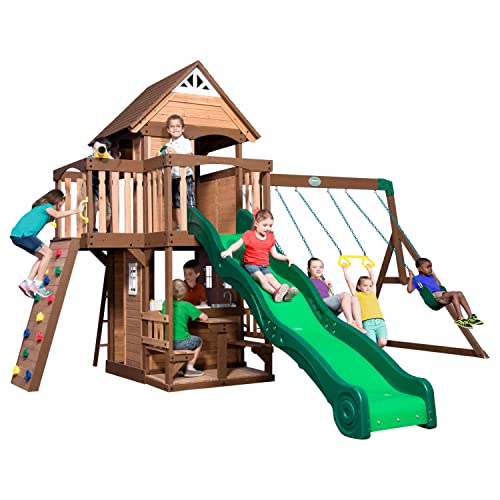 Backyard Discovery Mount Triumph All Cedar Swing Set, Covered Upper Clubhouse, Telescope, Steering Wheel, Lower Playhouse, Sink, Stove, Plastic Food, Picnic Area, Swings, Slide, Rock Climbing Wall