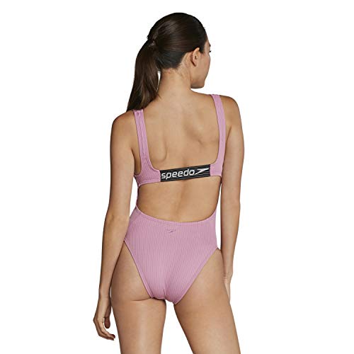 Speedo Women's Swimsuit One Piece Logo Back Strap Contemporary Cut, Mauve Orchid, 8