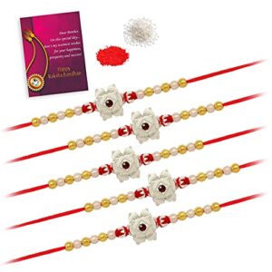 indo essentials- rakhi for brothers combo of 5 pieces with roli, chawal & greeting card (rkh305cmb)