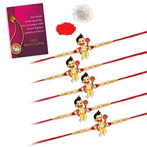 Indo Essentials- Bal Hanuman Rakhi For Brothers Combo Of 5 Pieces with Roli, Chawal & Greeting Card (RKH302CMB)