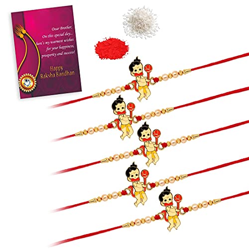 Indo Essentials- Bal Hanuman Rakhi For Brothers Combo Of 5 Pieces with Roli, Chawal & Greeting Card (RKH302CMB)