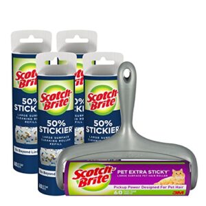 scotch-brite pet extra sticky large surface roller, designed for pet hair (60 sheets) + scotch-brite 50% stickier large surface roller refill, 60 sheets (pack of 4), 240 sheets total