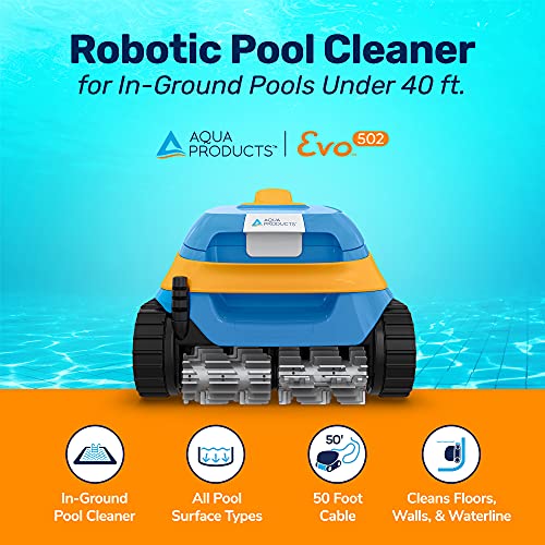 Aqua Products Evo502 Robotic Pool Cleaner, Automatic Vacuum for Inground Pools up to 40ft, 50ft Cable Length, Wall Climbing Vac w/ Strong Suction & Easy to Clean Top Loading Filter