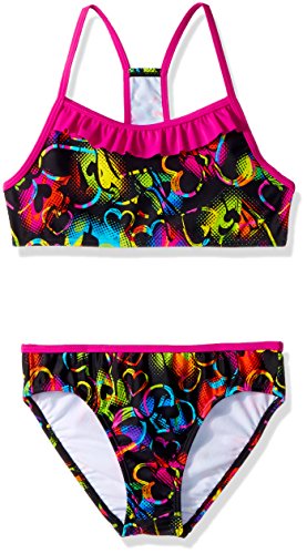 Speedo Girls Ruffled 2-Piece Swimsuit (Black & Pink, 14)