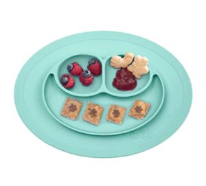 ezpz mini mat – 100% silicone suction plate with built-in placemat for infants + toddlers – first foods + self-feeding – comes with a reusable travel bag (aqua)