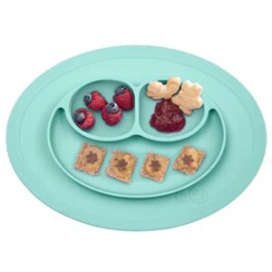 ezpz Mini Mat - 100% Silicone Suction Plate with Built-in Placemat for Infants + Toddlers - First Foods + Self-Feeding - Comes with a Reusable Travel Bag (Aqua)