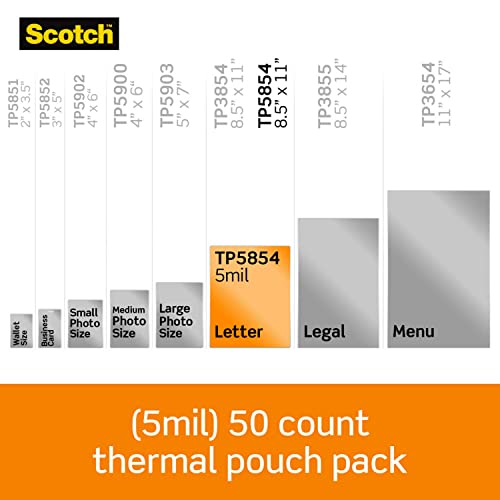 Scotch Thermal Laminating Pouches Premium Quality, 5 Mil Thick for Extra Protection, 50 Pack Letter Size Laminating Sheets, Our Most Durable Lamination Pouch, 8.9 x 11.4 inches, Clear (TP5854-50)